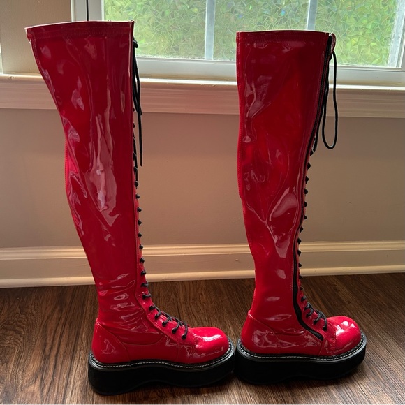 Demonia Red and Black Lace Up Boots - Picture 4 of 6
